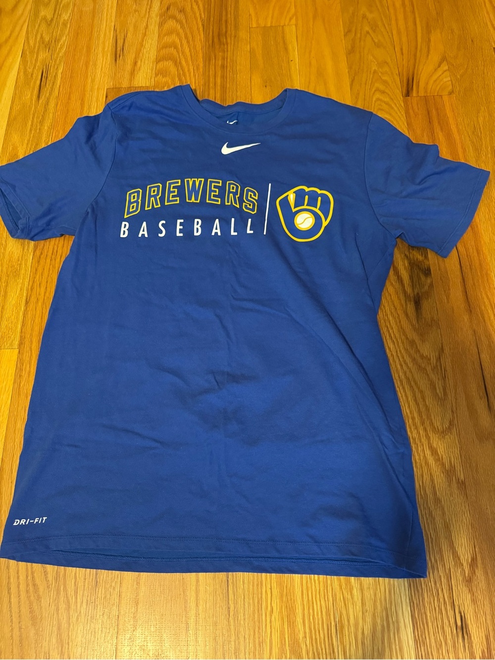 Nike Blue Brewers Baseball Tee with Yellow Logo